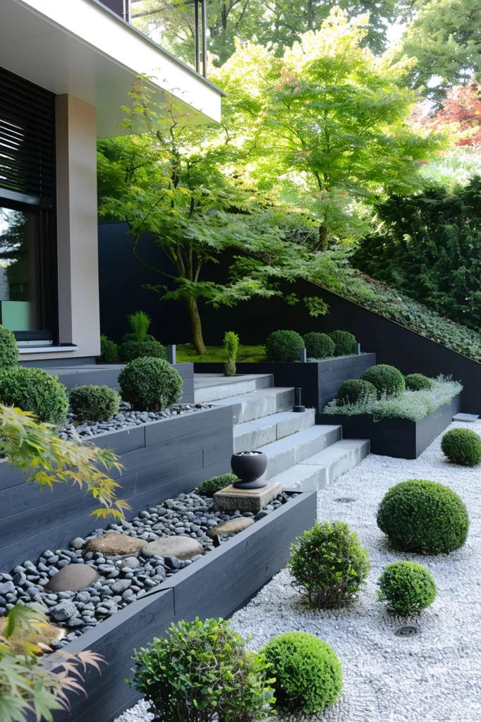 A modern garden with a Japanese aesthetic.  Black wooden planters create a tiered walkway leading up to a larger, flat area. The space is filled with small, rounded shrubs and topped with white gravel.  A large tree with lush green leaves grows in the background.  The design is minimalistic and tranquil, inviting relaxation and contemplation.
