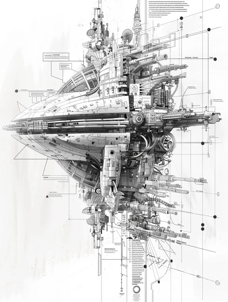 A detailed black and white technical drawing of a futuristic spaceship, resembling a complex network of interconnected structures, pipes, and gears. The intricate design features multiple levels and compartments, suggesting an advanced and technologically sophisticated vessel. The drawing is overlaid with technical specifications and labels, enhancing the sense of engineering precision.