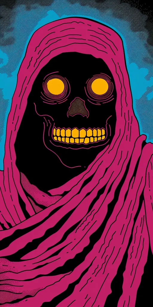 The image is a cartoon illustration of a skull wearing a bright pink hood. The skull has large yellow eyes with black pupils and a wide, toothy grin. The background is a blue and black color gradient with a dot pattern. The illustration has a bold and graphic style.