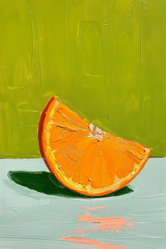 The painting is a still life featuring a slice of orange on a light blue surface against a bright green background.  The artist has used thick, textured brushstrokes to depict the juicy orange with its segmented rind and the light reflecting off its surface.  The green background is textured as well, giving the impression of a rough surface, like burlap.  The orange's shadow is cast in dark green. The simple composition of the painting focuses on the vibrant orange slice, highlighting its freshness and colour.