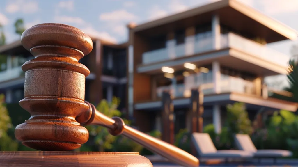 A wooden gavel rests on a block of wood in front of a blurry background.  The gavel is in focus, highlighting its intricate details and the craftsmanship involved.  The blurry background depicts a luxurious house, suggesting a theme of legal disputes or property transactions.  The image evokes a sense of finality and decision-making, with the gavel symbolizing authority and resolution.