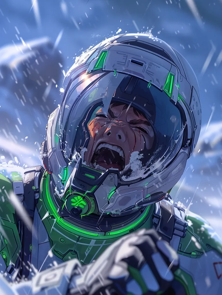 A futuristic astronaut, wearing a white and green helmet with a glowing green visor, screams in terror. Snow falls around them, and their face contorted in fear. The astronaut's suit is a mix of white and green, with visible technological details. The scene is a depiction of a desperate situation in a snowy, futuristic landscape.