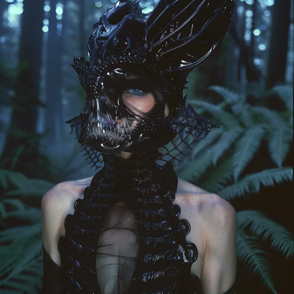A woman wears a large, black, skeletal mask that covers her entire head. It is adorned with intricate details and sharp edges, giving it a fierce and otherworldly appearance. She is dressed in a black, form-fitting garment that complements the mask's dark and gothic style. Her blue eyes peek through the mask, adding a touch of humanity to her mysterious and captivating persona. The image is set against a backdrop of lush greenery, adding a sense of contrast and highlighting the woman's striking attire.