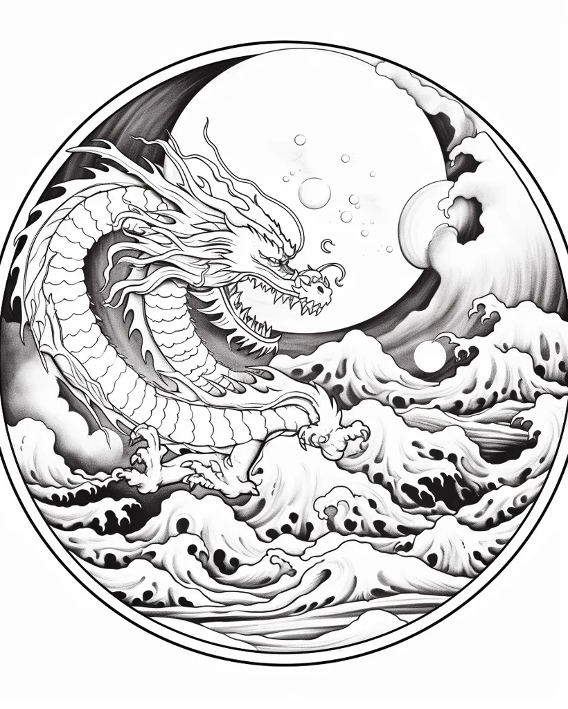 The image depicts a black and white illustration of a dragon flying through the air. The dragon is surrounded by waves and a large, bright moon. The illustration is detailed, showing the scales of the dragon, the foam of the waves, and the craters of the moon. The image is rendered in a traditional Japanese style, with flowing lines and dynamic composition.