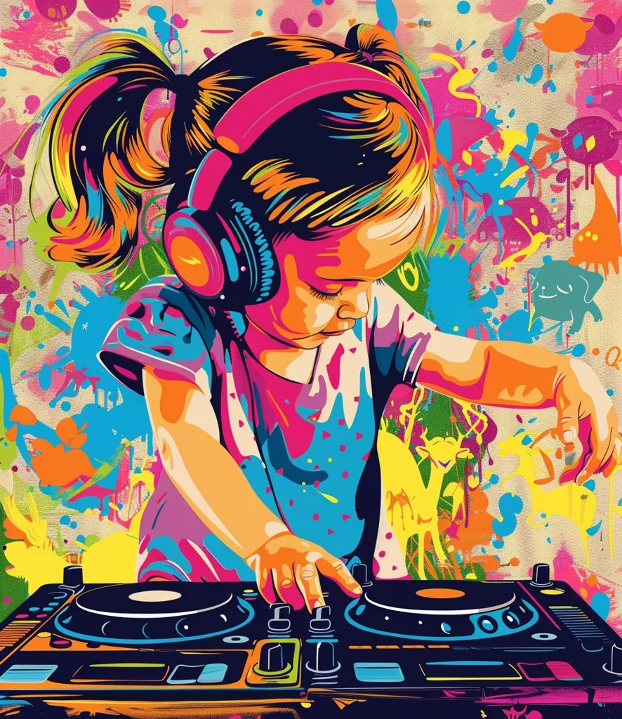 A young girl with a bright pink headband and headphones is DJing on a colorful turntable,  wearing a brightly colored shirt. The background is a vibrant abstract painting filled with splashes of color and whimsical shapes. The girl's expression is serious and focused, conveying a sense of playful determination. The image is a celebration of youth, creativity, and self-expression.