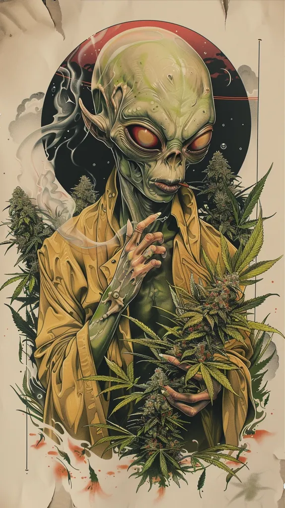 An alien with large, almond-shaped eyes and a green complexion is depicted holding a large stalk of cannabis in its hand. The alien wears a yellow jacket and appears to be smoking a cigarette. The image is rendered in a realistic style and is set against a background of a red and black celestial sphere.