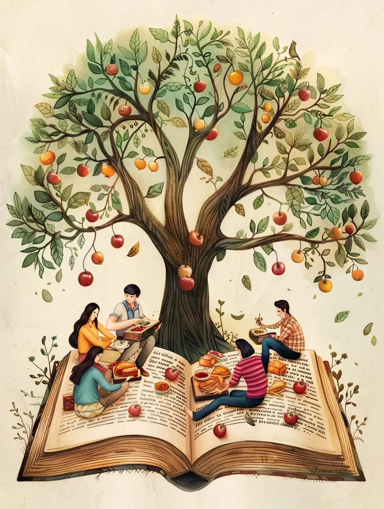 The image depicts a whimsical scene of a tree growing out of an open book. The tree is laden with apples, and four people are gathered around it, enjoying a picnic. The book is open and has a yellowed, worn appearance, suggesting a well-loved and long-held treasure. The overall tone of the image is light and playful, conveying a sense of joy and connection with nature and knowledge.