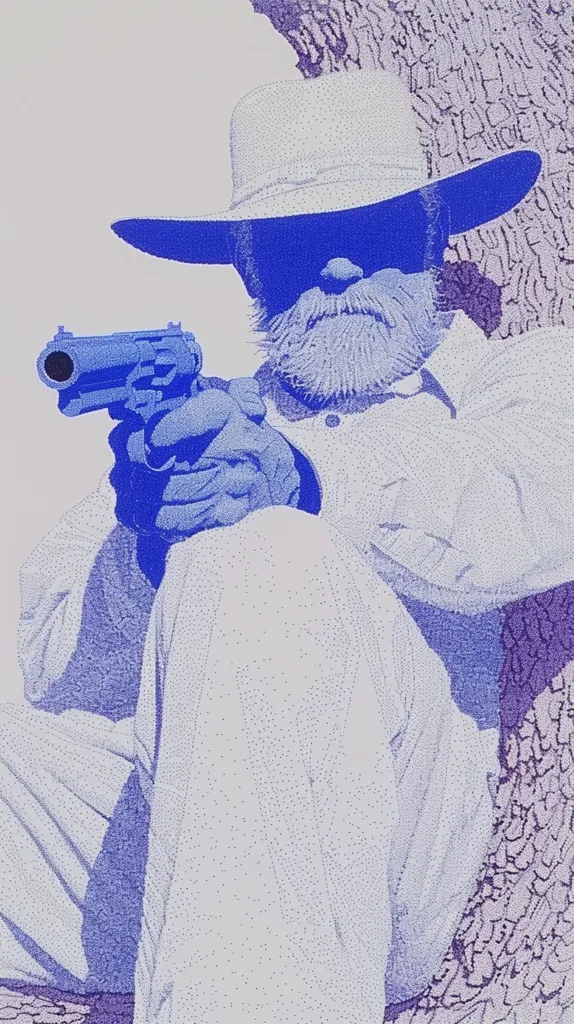 A man in a white hat sits with his back to a tree trunk, holding a revolver in his hand. The image is drawn in blue ink dots, creating a stippled effect. He is wearing a white shirt and pants. The man's face is obscured by his hat and sunglasses. The background is a light purple and white. The image has a mysterious and slightly ominous atmosphere.