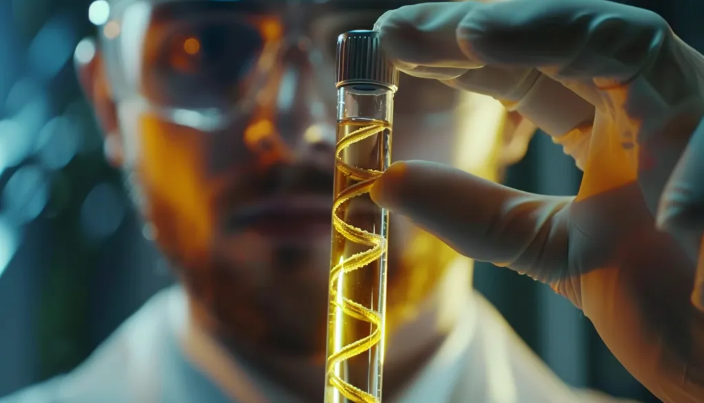 A scientist, wearing protective goggles and a white lab coat, holds a glass test tube with a yellow liquid containing a spiraled substance. The scientist's face is blurred in the background, focusing on the substance within the tube. The image suggests scientific experimentation and potential discovery.