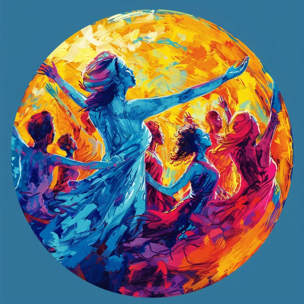 A group of women in vibrant, colorful dresses dance in a circle, their arms raised in joyous celebration. The scene is painted in a bold, expressive style, with the women's movements captured in dynamic strokes. The background is a vibrant mix of yellow, orange, and blue hues, creating a sense of energy and vitality. The image evokes feelings of unity, joy, and spiritual connection.