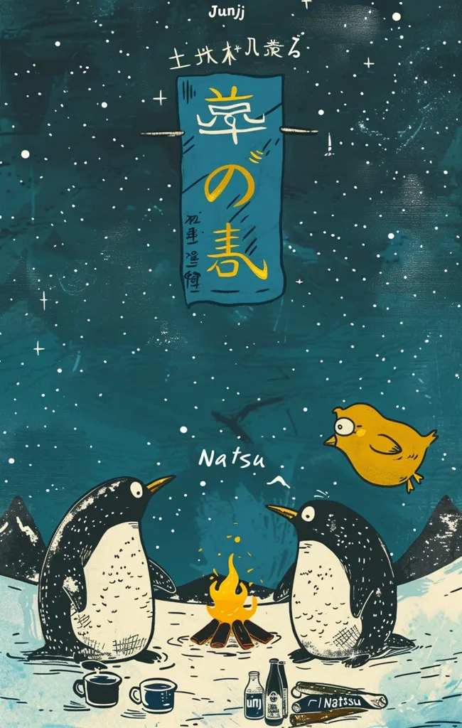 The image is a cartoon illustration with a dark blue background. Two penguins are sitting by a fire in the snow.  A yellow chick flies over them. Above them, in the sky, there is a sign written in Japanese. The image has a warm and inviting feel.  The words "Natsu" and "Junji" are written in the image.