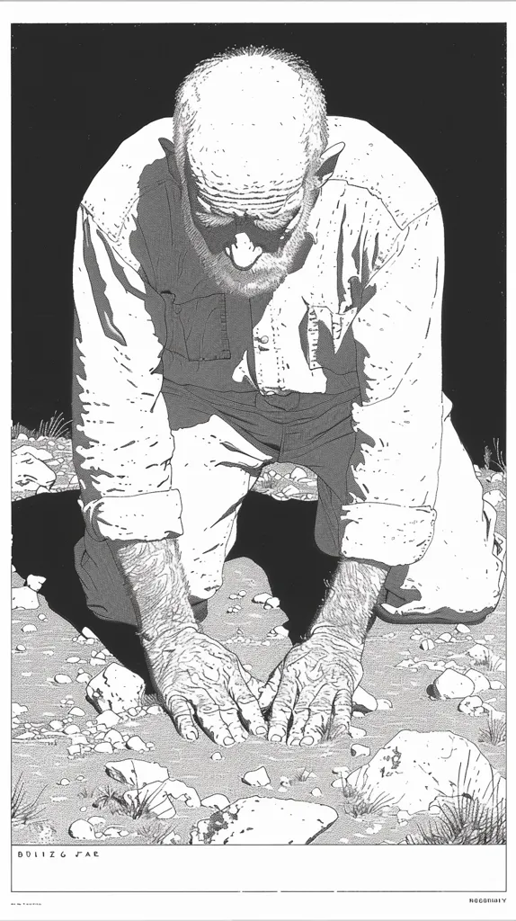 The image is a black and white illustration of an elderly man kneeling on the ground, his hands outstretched towards the viewer. His face is obscured by a shadow, and his clothing is loose and wrinkled. The ground is covered in small rocks and pebbles, and the image is rendered in a realistic style. The man's posture suggests a sense of humility and vulnerability.
