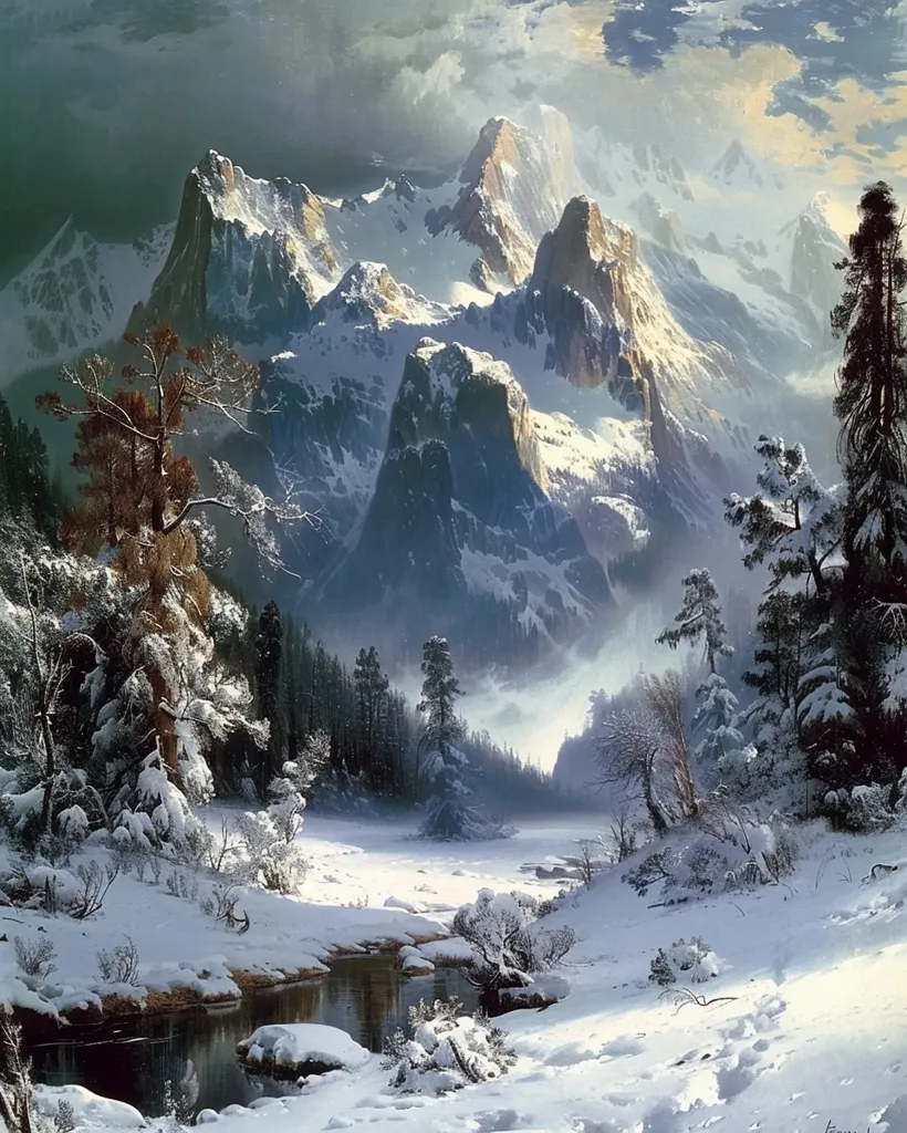 The painting depicts a snow-covered mountain range with a winding river running through the foreground. The mountains are majestic and imposing, with jagged peaks piercing the sky. The forest is a dark silhouette against the snow, and the air is filled with a sense of peace and tranquility. The painting captures the beauty of a winter wonderland.