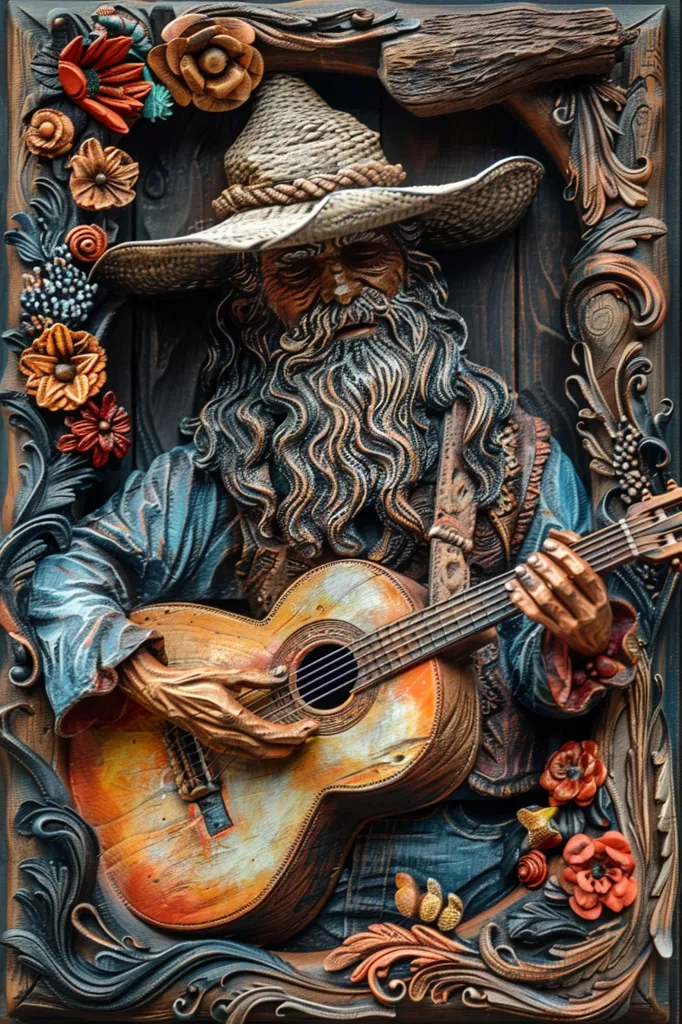 A detailed, three-dimensional wood carving depicting a man with a long beard and a straw hat playing a guitar. He is dressed in a blue shirt and jeans, and the carving is framed by intricately carved wood with floral designs. The man's face is weathered and his eyes are closed, suggesting a deep connection to the music. The carving captures the essence of a traditional folk musician, conveying both skill and emotion.