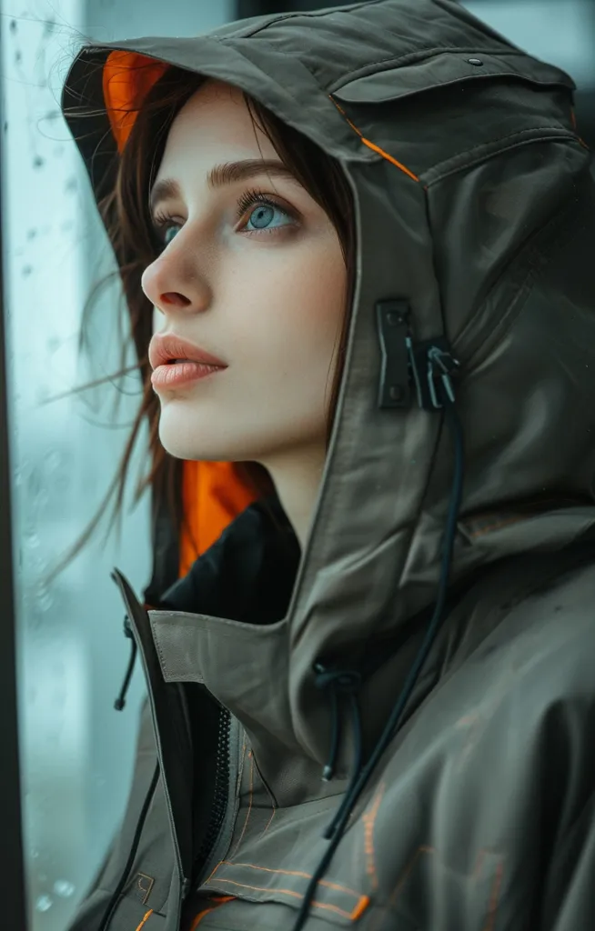 A young woman with long dark hair is wearing a grey hooded jacket with orange accents. Her hood is pulled up over her head, and she is looking up with a thoughtful expression. She has large blue eyes and a delicate jawline. The image is taken from a close-up perspective, focusing on her face and upper body. The background is blurred, creating a sense of intimacy and mystery.  The image evokes a sense of quiet contemplation.