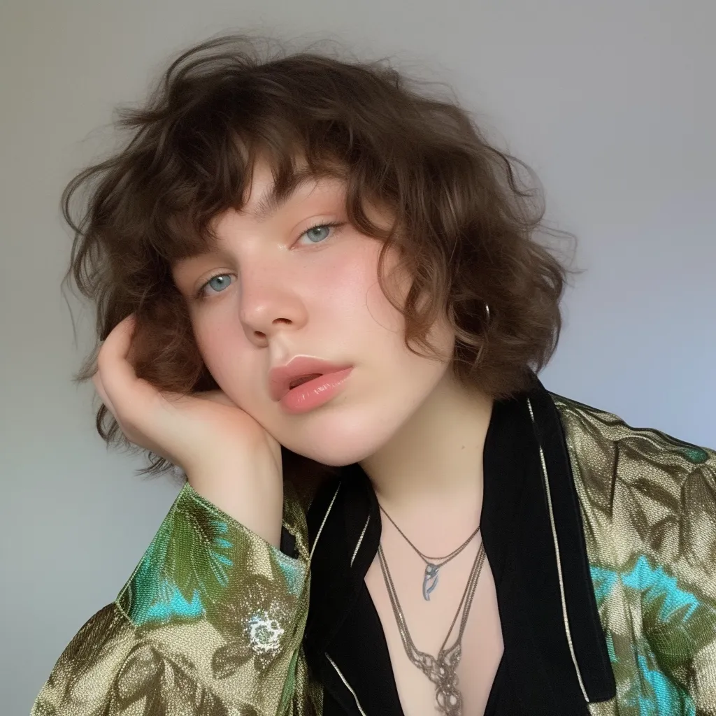 The image shows a young woman with short, curly brown hair, wearing a black top and a green and gold patterned jacket.  She has a delicate necklace with a pendant, and she is resting her chin on her hand. Her gaze is directed towards the viewer, with a soft, thoughtful expression.  The lighting is soft and natural, creating a warm and inviting atmosphere.