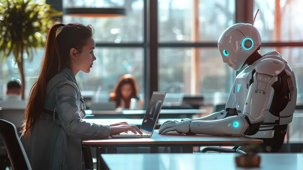 A young woman with long brown hair is sitting at a table, working on a laptop.  She is wearing a denim jacket and has a serious expression on her face. Across from her sits a humanoid robot, also looking serious, its white body illuminated by the sun streaming in from the window behind. The scene depicts a future where humans and robots work side-by-side.