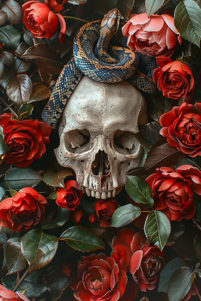 A human skull is surrounded by a vibrant display of red roses. A dark patterned snake coils around the skull, its head resting on the top of the skull. The image is a dark and dramatic scene, creating a sense of mystery and intrigue. The combination of the skull, roses, and snake evokes themes of death, beauty, and danger. The dark background further enhances the overall gothic aesthetic.