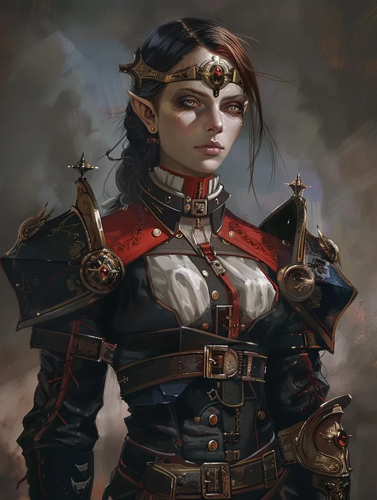 A female elf warrior with long black hair and pointed ears, wearing a black and red armored outfit with gold accents. She has a serious expression on her face and a crown with red gems on her head. The image is painted in a fantasy style with a dark and brooding tone.