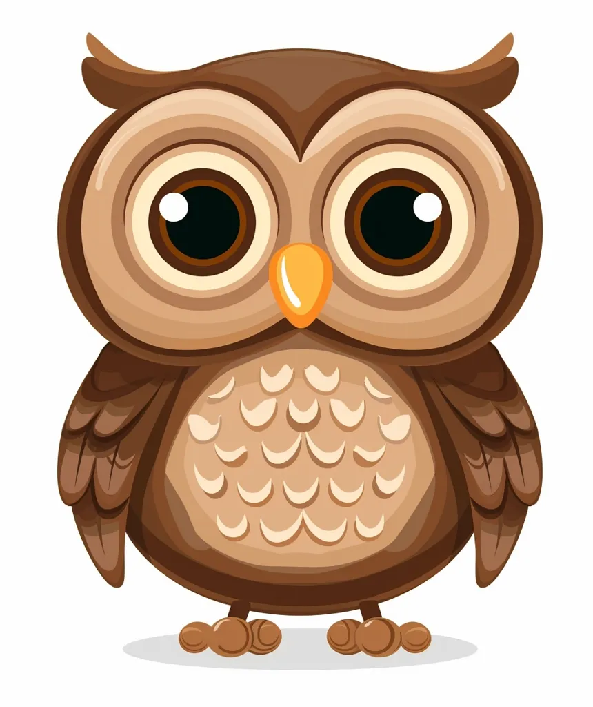 A cartoon owl with large, round eyes and a brown and orange color scheme. Its feathers are depicted in a stylized manner, with a scalloped pattern on its chest. It has a small, orange beak and a round, plump body. The owl is standing upright with its wings folded at its sides. The overall impression is one of cuteness and innocence.