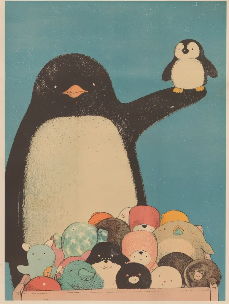 A large penguin with a small penguin perched on its outstretched wing stands against a blue sky background. In the foreground, a box contains a collection of assorted stuffed animals, with a black and white penguin, a bear, and a variety of other colorful creatures. The image is drawn in a whimsical, cartoon style.