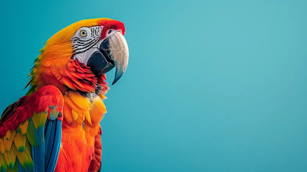A vibrant scarlet macaw parrot with a bright yellow chest and blue wings stands against a solid turquoise background. The parrot's head is turned to the side, showcasing its black and white patterned beak and alert, curious eyes. Its plumage is meticulously detailed, capturing the texture and iridescence of its feathers. The image creates a striking contrast between the parrot's vibrant colors and the simplicity of the background.