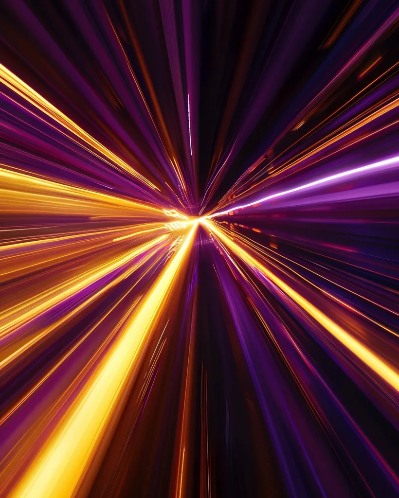 The image is a long exposure shot of a road at night. The headlights of cars are streaking through the darkness, creating a pattern of yellow and purple light lines converging in the distance. The image has a sense of speed and movement. The dark background adds to the dramatic effect, emphasizing the glowing streaks of light.