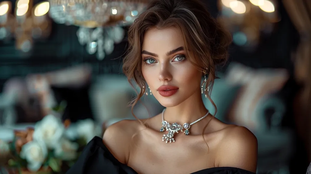 A young woman with long, wavy brown hair gazes directly at the camera. She is wearing a black off-the-shoulder dress, a sparkling diamond necklace, and matching earrings. The background is blurred, featuring a chandelier, a vase of white roses, and a hint of teal.  Her expression is alluring, with soft, full lips and striking blue eyes.  She appears to be the focus of a sophisticated portrait.