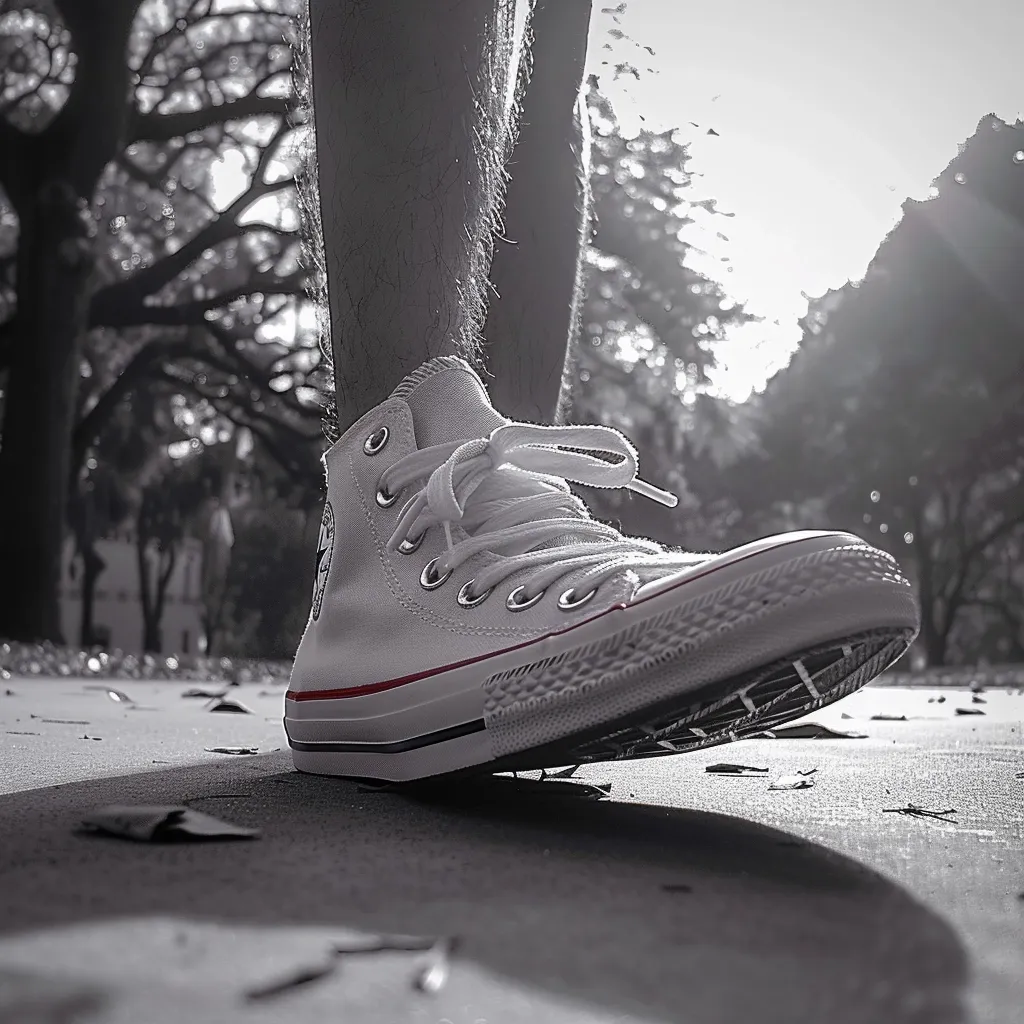 A close-up, black and white photo of a white Converse shoe. The shoe is worn by a person walking on a paved path. The laces are tied and the shoe is slightly scuffed. The background is blurry, with trees and a hint of sunlight. The image captures a moment of casual, everyday life.