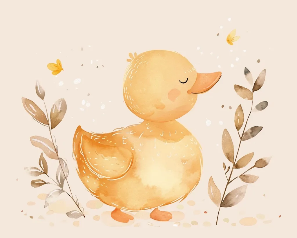 A cute, cartoon duckling is drawn in a watercolor style. It is facing the right side of the image, and its eyes are closed. The duckling is standing on a beige background with two small, yellow butterflies and a sprig of brown leaves nearby.  The duckling has a fluffy yellow body.  The illustration is simple and childlike.
