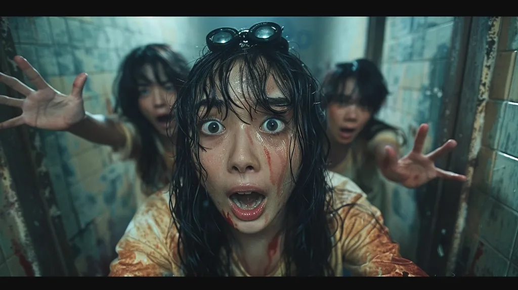 The image shows three women in a bathroom, all looking scared and covered in blood. One woman in the foreground has her mouth open in a scream, while the other two have their hands raised in a defensive posture. Their expressions are full of terror as they stare directly at the viewer. The scene is set in a dimly lit, run-down bathroom with tile walls and a door in the background.  The overall tone of the image is unsettling and suggestive of a horror scene.