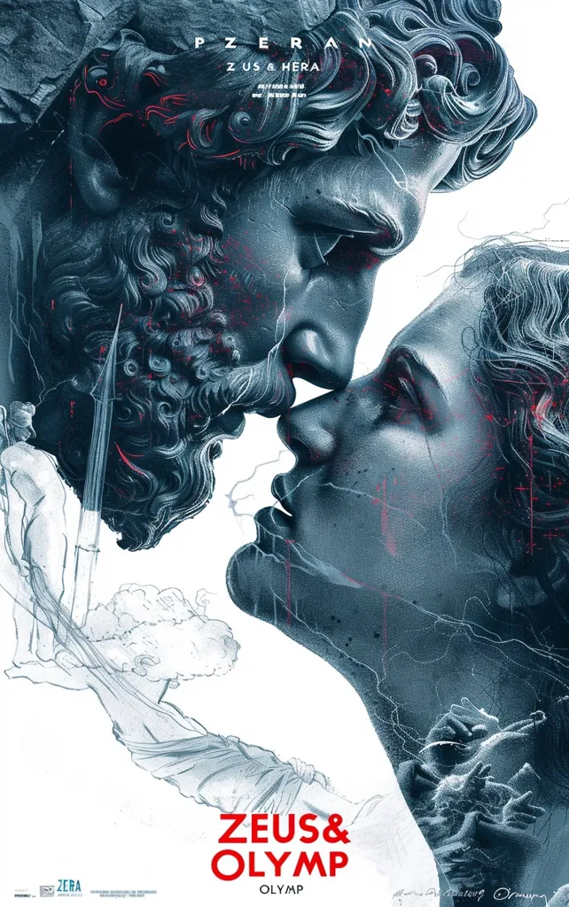 The image is a poster for the movie "Zeus & Olymp". The poster features a close-up of a man and woman's faces, with the man's face appearing as a stone sculpture. The man's face is adorned with a beard and the woman's face is soft and delicate. Their faces are close together, suggesting a romantic connection. The image is rendered in shades of blue and grey, with hints of red. The text "Zeus & Olymp" is displayed prominently in red letters at the bottom of the poster.  The overall mood of the poster is sensual and suggestive, hinting at a story of love and desire.