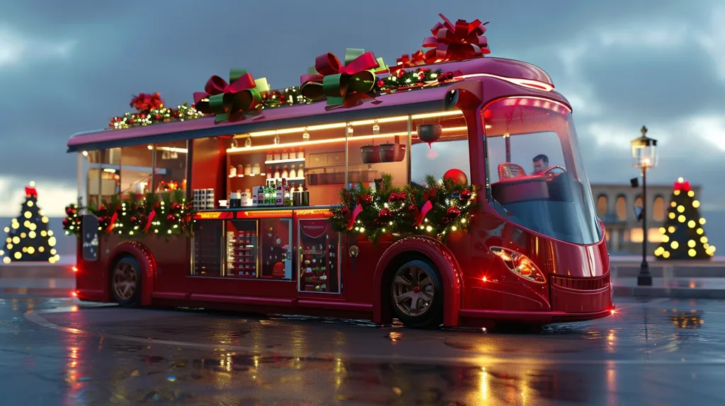 A bright red bus, decked out in Christmas lights and bows, stands in a wet city square. The bus is a festive food truck, with a window displaying a variety of snacks and drinks. Two small Christmas trees stand in the background, glowing with fairy lights. The bus is ready for the holiday season, offering a unique and festive way to enjoy a treat.