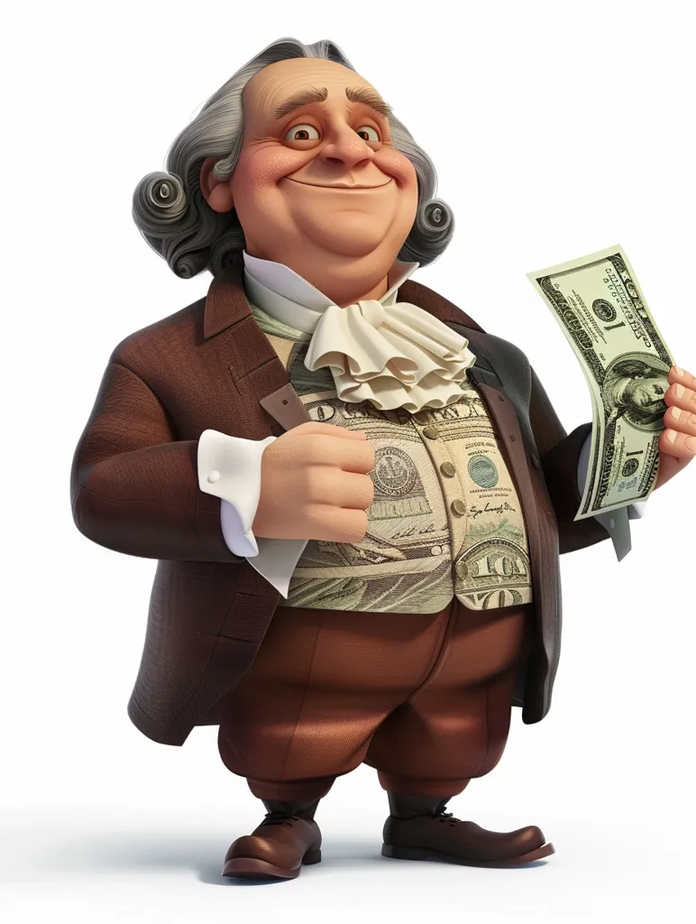 A cartoon depiction of a man with a powdered wig and a  brown suit covered in US dollar bills. He is holding a dollar bill in his right hand and smiling. He is looking slightly to the left. The image appears to be depicting wealth and prosperity.