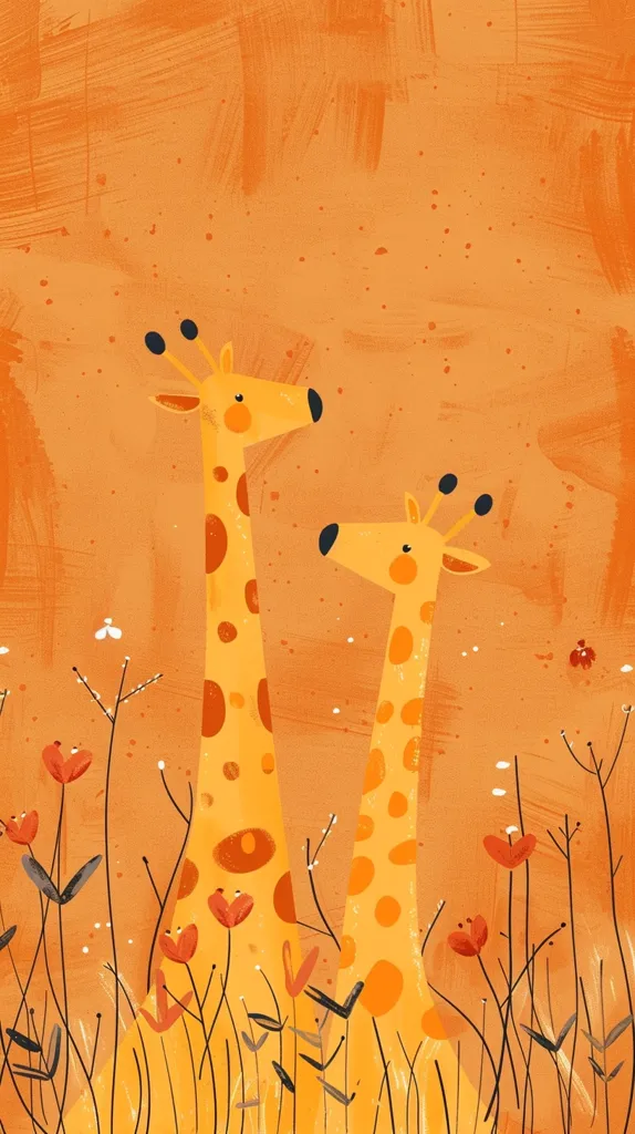 The image depicts two giraffes standing in a field of orange flowers. The giraffes are drawn in a simple, stylized manner with bold outlines and a limited color palette. The background is a vibrant orange with subtle brushstrokes, creating a warm and inviting atmosphere. The overall style is playful and whimsical, suggesting a children's illustration. The giraffes are positioned close together, their necks gracefully entwined, creating a sense of closeness and friendship.