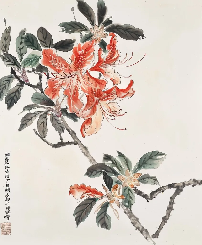 A delicate watercolor painting depicts a blossoming branch of a flowering plant. The flowers are in shades of red and orange, with delicate petals and a subtle, watercolor-like effect.  The leaves are a deep green, adding contrast and depth to the composition. The background is a soft white, allowing the blossoms to take center stage. The painting evokes a sense of tranquility and natural beauty.