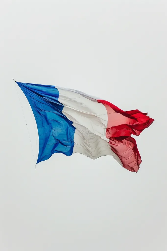 The French flag, with its iconic blue, white, and red stripes, is shown waving proudly against a clear, white sky. The flag is blowing in the wind, causing the fabric to ripple and flow. The vibrant colors of the flag stand out against the stark backdrop. The image captures the feeling of national pride and patriotism.