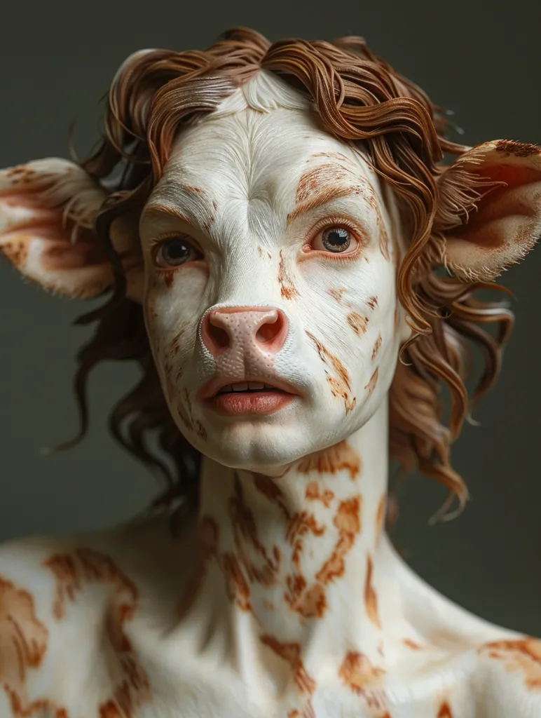 A close-up portrait of a creature with the head of a cow, a human-like body, and flowing brown hair. The creature has large, expressive eyes, a pink nose, and a soft, open mouth. Its white skin is marked with brown patches, resembling a cow's hide. The background is a simple, blurred grey, focusing attention on the creature's captivating gaze.