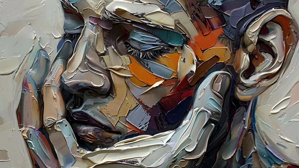 A close-up portrait painted in a vibrant, abstract style. Thick, textured strokes of paint create a swirling, dynamic composition that focuses on the face and hand of the subject. The colors are rich and varied, ranging from warm browns and oranges to cool blues and greens.  The subject's expression is obscured by the abstract nature of the painting. The piece evokes a sense of mystery and introspection.