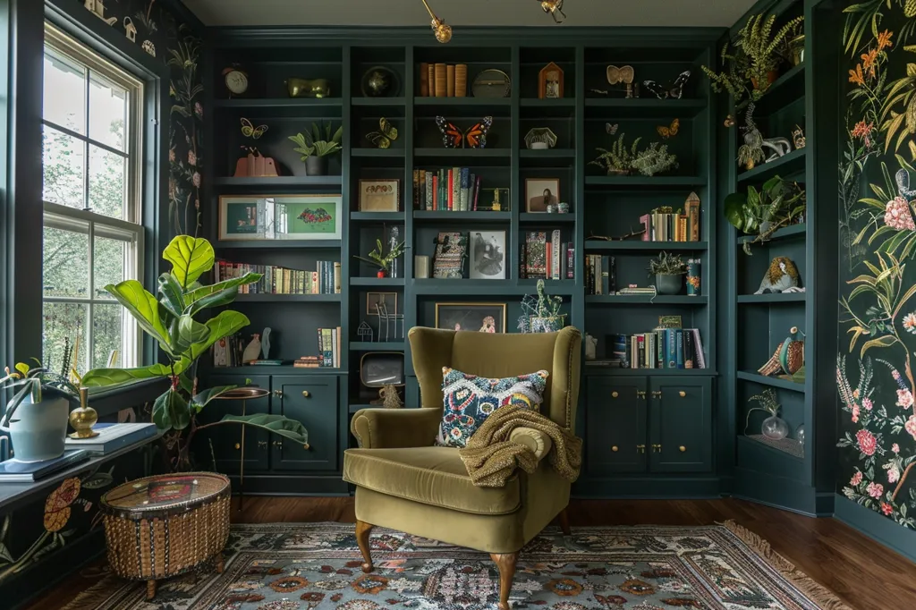 A cozy reading nook with a deep green color scheme. A large window lets in natural light, illuminating a plush armchair with a throw blanket. Built-in bookshelves line the walls, filled with books and decorative objects, creating a warm and inviting atmosphere. The patterned wallpaper adds a touch of whimsy, while the rug grounds the space and adds warmth to the floor.