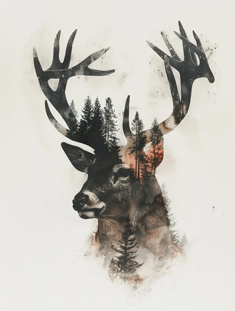 The image is a watercolor painting of a deer's head with large antlers. The deer's head is partially obscured by a forest, creating a layered effect. The colors are muted and soft, with shades of brown, black, and gray dominating the scene. The overall impression is one of serenity and natural beauty.