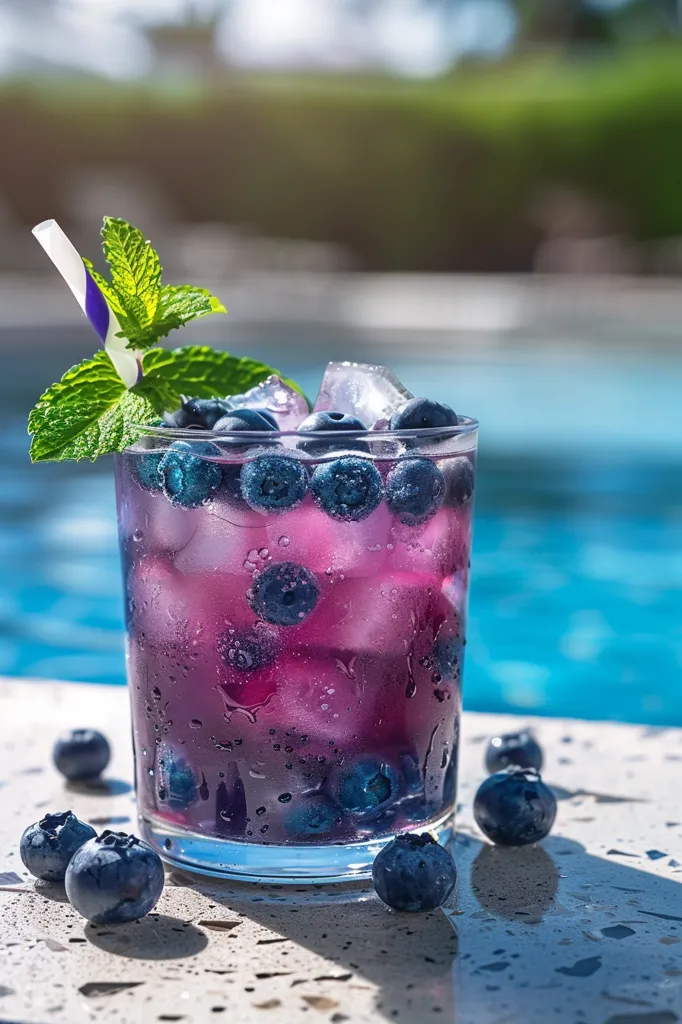 A glass of blueberry lemonade with ice and a sprig of mint sits on a table beside a swimming pool. The glass is filled with fresh blueberries and ice, and the drink is a vibrant purple hue. The lemonade is garnished with a sprig of mint and a straw, and there are blueberries scattered around the glass. The scene is bright and sunny, with the pool water shimmering in the background.