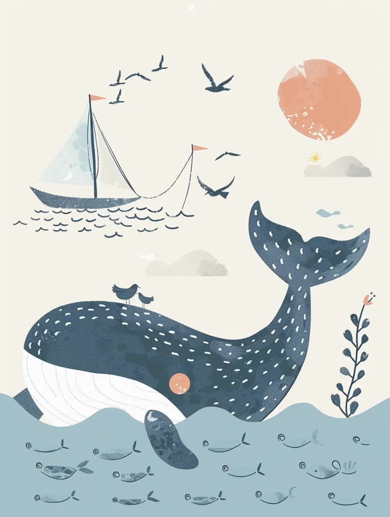 The image depicts a blue whale swimming in the ocean, with a small sailboat sailing in the distance. The whale has a spotted pattern and is surrounded by smaller fish. Above the water, there are birds flying, a large sun, and a few clouds. The image is done in a watercolor style, with soft colors and a whimsical feel. The overall tone is calm and peaceful, suggesting a sense of serenity and tranquility.
