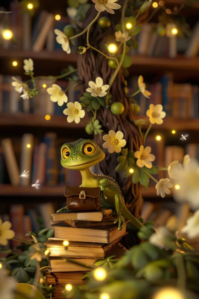 A small, green lizard with large, expressive eyes sits atop a stack of books. It carries a brown satchel and looks out at the viewer. The lizard sits against a background of a leafy, flowering branch with white blossoms and glowing lights. The scene is set against a bookshelf filled with books. The image evokes a sense of whimsy and magic.
