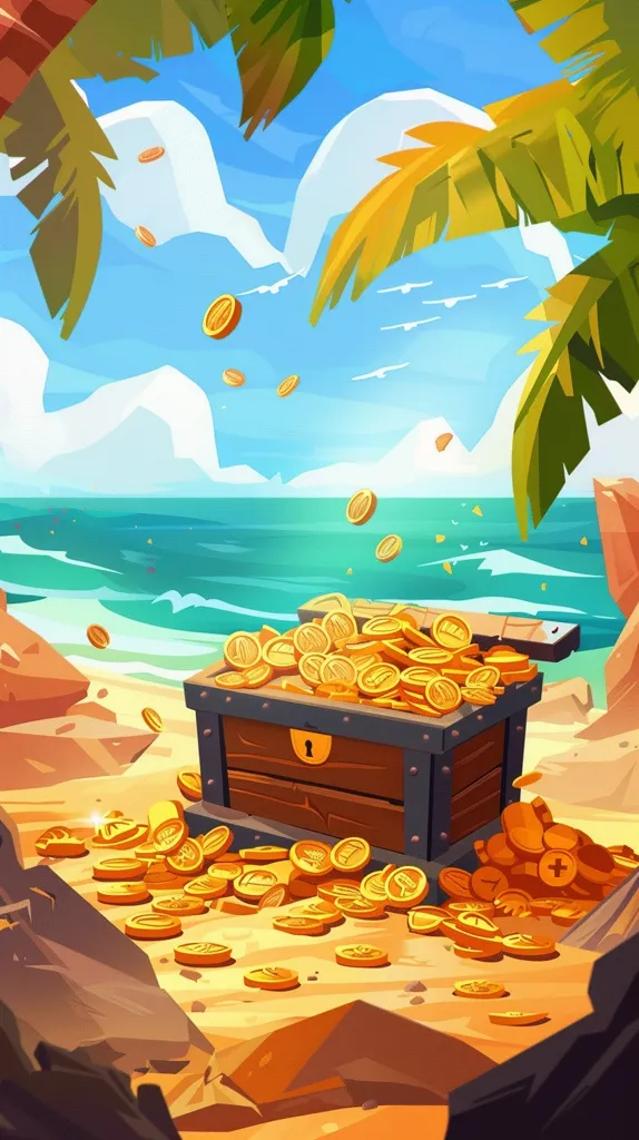 A wooden treasure chest sits on a sandy beach, overflowing with golden coins. Palm trees sway in the background, their fronds reaching towards a bright blue sky. More coins rain down from the sky, adding to the overflowing treasure. The scene is a vibrant depiction of a pirate's dream come true.