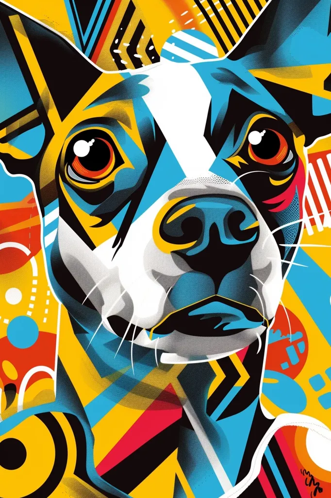The image is a close-up of a dog's face, with a stylized and abstract design. The dog's fur is primarily white, with black patches and blue and yellow accents. The background is a vibrant mix of geometric shapes in red, yellow, and blue. The dog's eyes are large and expressive, with a playful and friendly demeanor. The overall style is bold and graphic, creating a visually striking and modern piece of art.