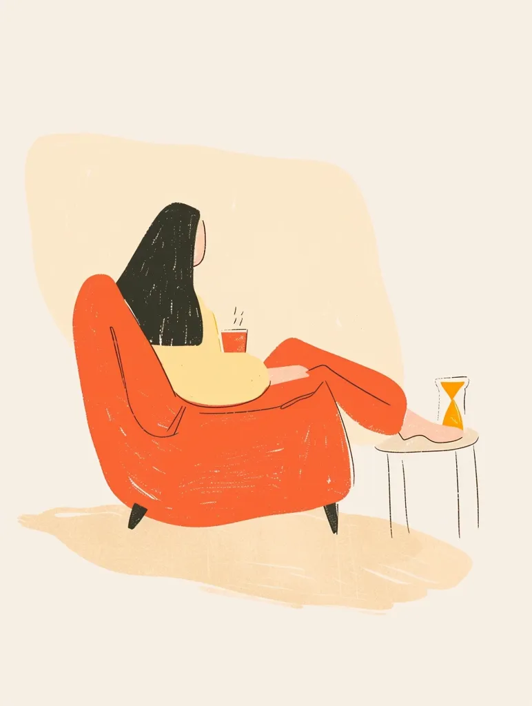 A woman with long black hair sits in a bright orange armchair, her legs stretched out on a small table. She holds a red cup, possibly coffee or tea, and an hourglass sits on the table next to her. The scene is drawn with simple lines and soft colors, creating a relaxed and cozy atmosphere. The background is a light beige, suggesting a calm and quiet setting. The image evokes a sense of comfort, relaxation, and perhaps a moment of contemplation.