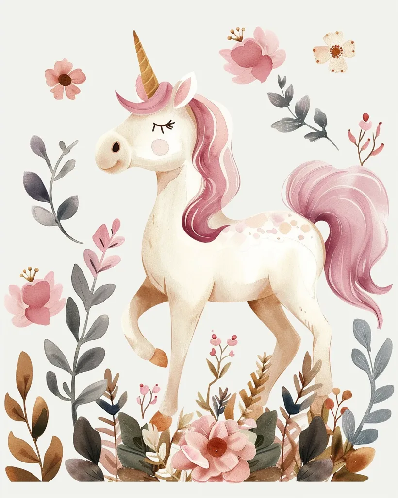 A white unicorn with a pink mane and tail stands in a field of delicate pink flowers and lush green foliage. Its golden horn shines brightly, and its eyes are closed in a peaceful slumber. The soft, watercolor style of the illustration evokes a sense of magic and wonder.