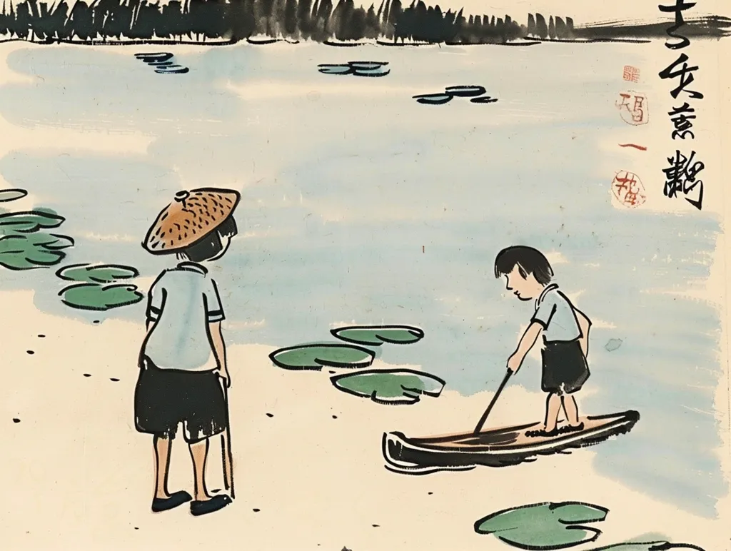 A simple hand-drawn illustration depicts a lake scene.  Two figures stand by the water's edge. The figure on the left is wearing a conical hat and appears to be watching the figure on the right, who is standing on a small boat and rowing with a long pole. Green lily pads are scattered throughout the water, and a light blue sky appears above. The image has a whimsical, child-like style.