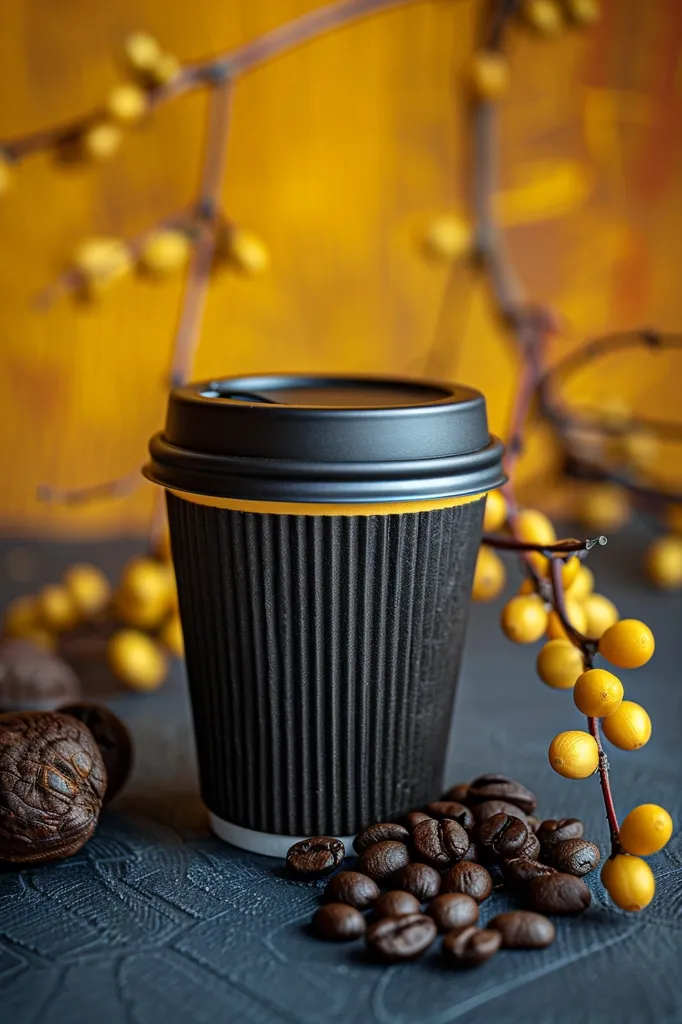A black and yellow paper cup sits on a dark surface, surrounded by coffee beans and a branch with yellow berries. The cup has a black lid and a ribbed exterior. The background is a blurred image of a yellow wall and branches. The image suggests a warm and cozy atmosphere, perhaps a coffee break in a natural setting.